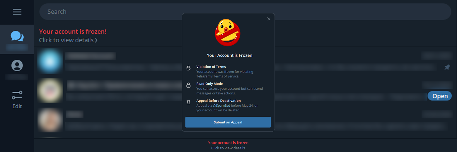 Повідомлення про заморозку акаунту в Telegram